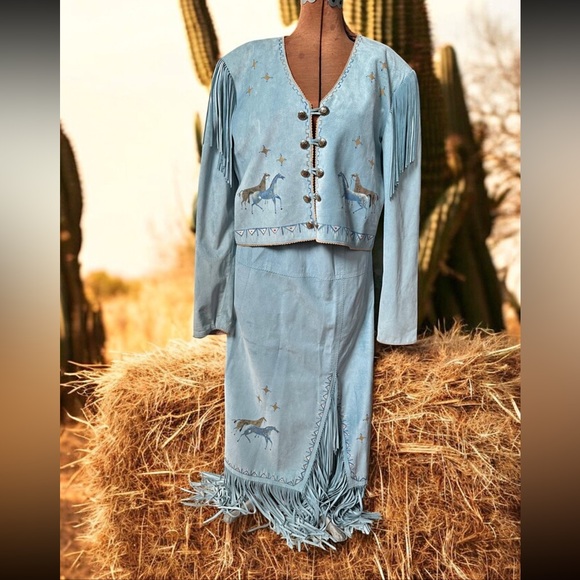 Patricia Wolf Jackets & Blazers - VPatricia Wolf Hand-Painted Suede Fringe Jacket & Skirt Set horses stars S/M EUC